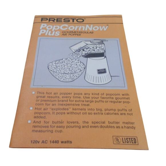 1983 Presto PopCornNow Plus Air Popper Owner's Manual Vintage - Picture 1 of 5